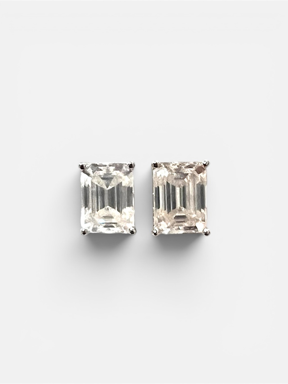 Rhodium Plated Sterling Silver Emerald Cut  Moissante Stud Earrings